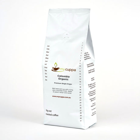 mycuppa 1kg pack of sweet tasting Colombia Organic fresh roasted coffee beans.
