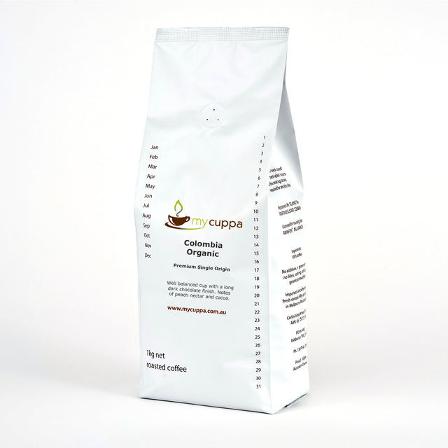 mycuppa 1kg pack of sweet tasting Colombia Organic fresh roasted coffee beans.