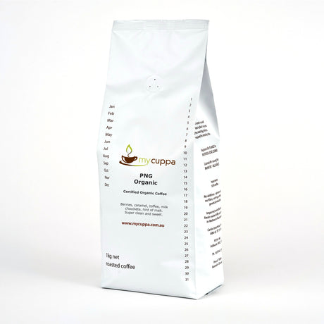 1kg pack of mycuppa Papua New Guinea Organic coffee