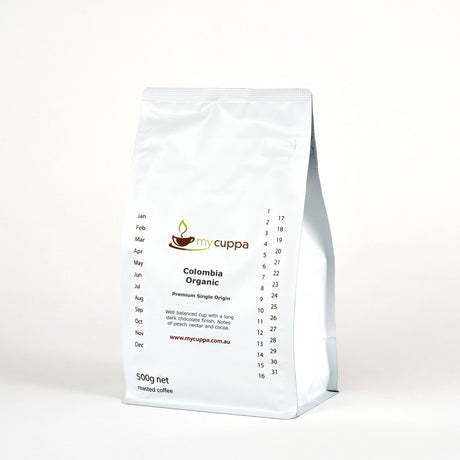 mycuppa 500g pack of sweet tasting Colombia Organic fresh roasted coffee beans.